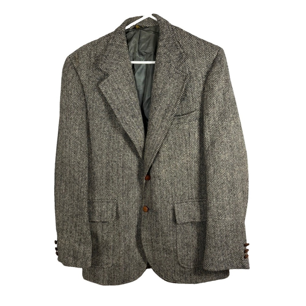 Vintage 50s 60s Harris Tweed Herringbone Blazer 44 Long Wool Gray Union Made